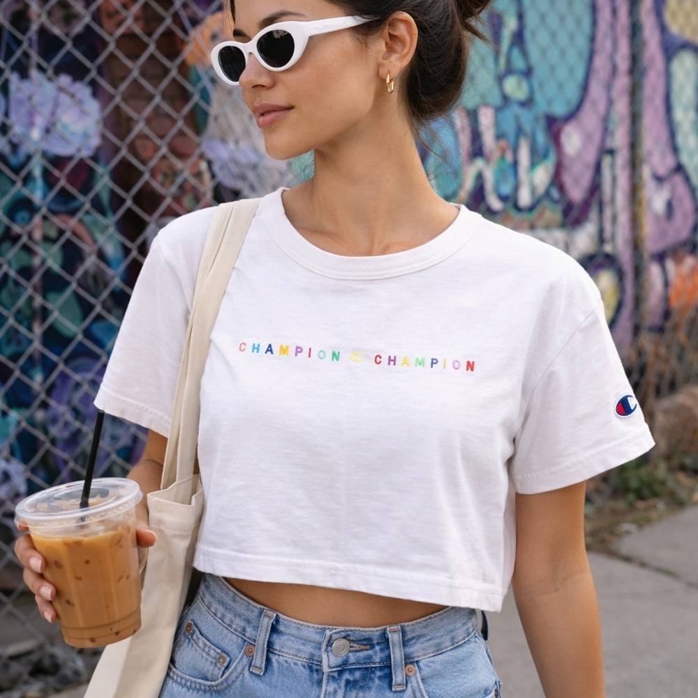 Champion Cropped Tee White Rainbow Logo Boxy Crop Top XS Streetwear Basic